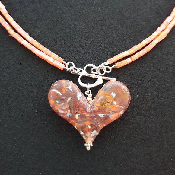 Vintage 1990s Bold Lampwork Art Glass Heart 925 Silver Pendant Necklace - Picture 1 of 14